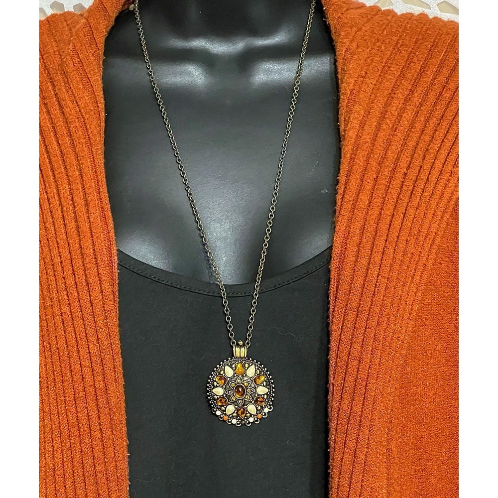 Joan Rivers Pendant Necklace Gold Tone Amber Cabochon Statement Vintage